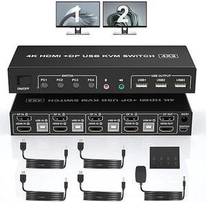 Displayport+HDMI Dual Monitor KVM Switch for 4 PCs, 4K 60Hz KVM Switch 2 Monitors 4 Computers, with Audio Microphone Output and 3 USB 2.0 Ports, HDMI+DP Monitor Switch for 4 PCs 2 Monitors