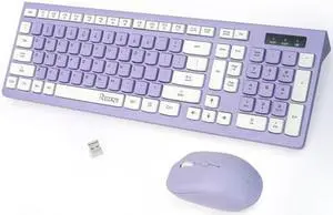 RECCAZR Wireless Keyboard and Mouse Combo, Full-Sized Wireless Keyboard and Adjustable DPI Mouse, 2.4GHz USB Receiver, Wireless Keyboard and Mouse for PC, Windows, Desktop, Laptop (Purple)