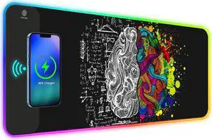 ToLuLu RGB Gaming Wireless Charging Mouse Pad, 7.5/10/15W 10 Light Modes LED Mouse Pad Computer Keyboard Mat Mousepad, 800x300x4MM Extended Large Desk Mat for Gaming, MacBook, Laptop, PC, Human Brain