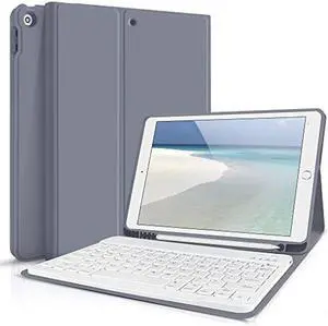 Aoub Keyboard Case for iPad 9th Generation 2021/8th Gen 2020/7th Gen 2019 10.2 Inch, Detachable Wireless Bluetooth Keyboard, Stand Folio Keyboard Cover with Pencil Holder, Auto Sleep/Wake, Purple Gray