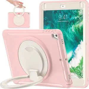 BATYUE iPad 9.7 inch Case for 2018 iPad 6th Gen/ 2017 iPad 5th Gen, iPad Air 2/ iPad Pro 9.7'' case, [Full-Body] Rugged Case with 360deg Swivel Stand/Pencil Holder,for Kids,Boys,Girls (Cheery Pink)