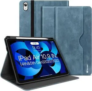 iPad Air 4 & 5 Case (2020/2022) with Built-in Pencil Holder, iPad Air 4th & 5th Gen 10.9-inch PU Leather Case with Pocket & Strap,Soft TPU Back Protective Cover for iPad Air 2020/2022