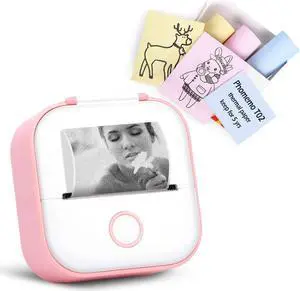 Memoqueen T02 Pocket Thermal Photo Printer with Pink/Yellow/Blue Thermal Paper, Non-Adhesive Color Paper,53mmx 6.5m/roll, Black Text, Keep for 5 Years, Compatible with iOS & Android