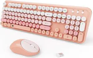 Wireless Keyboards Mouse Combos, Colorful Cute Typewriter Full-Size Retro Round Keycaps, 2.4GHz Cordless Sleep Mode Office Quiet Wireless Keyboard and Mouse Set for Desktop Laptop PC Computer