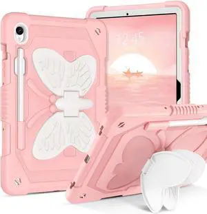 YINLAI Case for Samsung Galaxy Tab S9/ S9 FE 11 Inch (2023)[SM-X710/X716B/X718U/X510/X516B], Silicone Kids Girls Women Butterfly Kickstand with S Pen Holder Shockproof Protective Tablet Cover, Pink