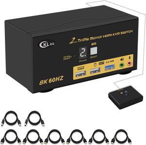 CKLau 2 Port Triple Monitor KVM HDMI Switch 8K@60Hz, 4K@144Hz for 3 Monitors 2 Computers Share Keyboard and Mouse Support Emulation EDID, Hotkey Function, HDMI 2.1, HDR