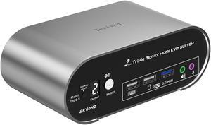 Terived 2 Computers 3 HDMI Monitors KVM Switch 8K@60Hz Triple Monitors, Wired Remote and Hotkey Switching, EDID, Audio and Microphone, Aluminum Alloy Shell,Digital Display, HDR10 with Cables