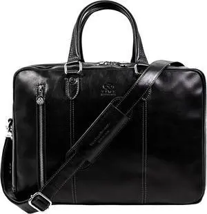 Time Resistance Leather Laptop Briefcase - Full Grain Leather Computer Bag for Men and Women (Black)