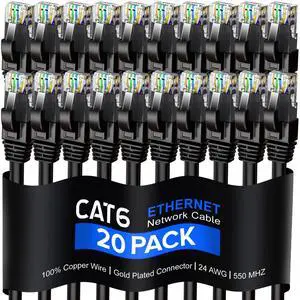 Maximm Cat 6 Ethernet Cable 1 Ft, 100% Pure Copper, Cat6 Cable (20 Pack) LAN Cable, Internet Cable, Patch Cable and Network Cable - UTP (Black) 1 Foot
