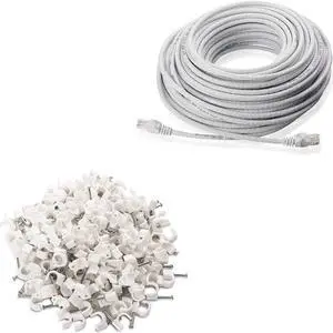 Cable Matters 1-Pack Snagless Long Cat6 Ethernet Cable (Cat6 Cable, Cat 6 Cable) in White 100 ft & 200-Pack Nail-in Cable Clips Cord Organizer