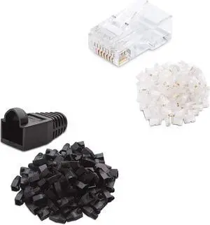 Cable Matters 100-Pack RJ45 Modular Plugs for Solid or Stranded UTP Cable, RJ45 Plugs & 4-Pack RJ45 Strain Relief Boot in Black