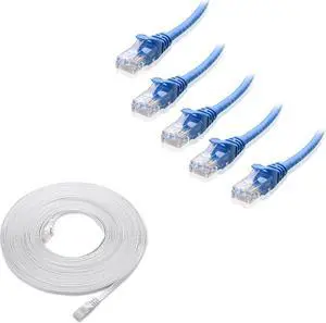 Cable Matters 5-Pack 7-Foot Snagless Short Cat6 Ethernet Cable (Cat6 Cable, Cat 6 Cable) in Blue & 1-Pack 50-Foot Cat6 Flat Ethernet Cable in White