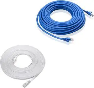 Cable Matters Snagless Long Cat6 Ethernet Cable (Cat6 Cable, Cat 6 Cable) in Blue 50 ft & Cat6 Flat Ethernet Cable in White