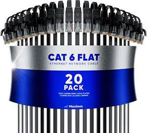 Cat6 Ethernet Cable 2ft, 20-Pack Black - Flat High-Speed Network Cables for Gaming, Streaming, Router, Modem, PC, PS5, Xbox - Durable & Space-Saving Design