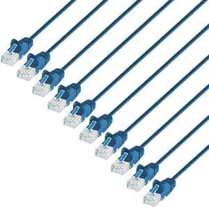 Intellinet Slim Cat6 Ethernet Network Patch Cable - 10-Pack - 10Gbps & 250MHz, Snagless Boot, 30AWG Pure Bare Copper Wire, Gold-Plated Contacts, Lifetime Mfg Warranty - 7ft, 10 Pack, Blue