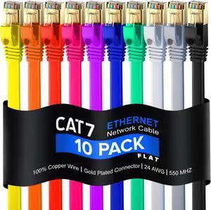 Maximm Cable CAT7 Flat Ethernet Cable, 10 Pack (Multicolor, 10ft) 10 Gbps, 600 MHz, Shielded RJ45 Gold Connectors Ultra-Thin Flexible Design for Home & Office Networking
