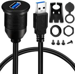 BATIGE 5 Pack Single Port USB 3.0 Car Mount Flush Cable USB 3.0 Male to Female Extension Waterproof for Car Truck Boat Motorcycle Dashboard Panel 3ft