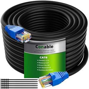 Cat6 Outdoor Ethernet Cable 200ft, Heavy Duty Double Jackets Internet Cord, Waterproof, Direct Burial, (from 25FT to 300 FT) Support PoE Cat6 Cat5e Cat5 Network, Cat 6 RJ45 Patch Cable with 25 Ties