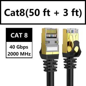 Dacrown Cat8 (50ft + 3ft) Ethernet Cable Shielded, Heavy Duty High Speed Cat8 LAN Network RJ45 Cable- in Wall, Outdoor, Weatherproof Rated for Router, Mod