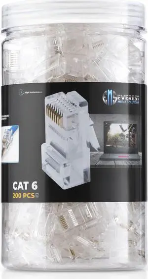 Everest Cat6 RJ45 Pass Through Connector 200-Pack - EZ Cat 6 Pass Through RJ45 Connectors - cat 6 connectors - Ethernet Connector - Ethernet Plug - for Solid or Stranded UTP Network Cable