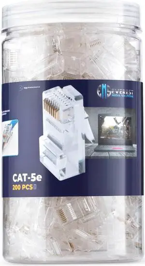 Everest Cat5e RJ45 Pass Through Connector 200-Pack - EZ Cat 5e Pass Through RJ45 Connectors - Cat 5e Connectors - Ethernet Connector, Ethernet Plug - for Solid or Stranded UTP Network Cable