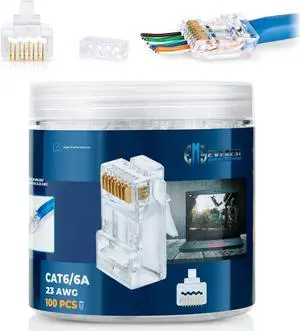 Everest Media Solutions RJ45 Cat6/6a Pass Through Connectors for a Thick 23 AWG Large Diameter UTP Network Cable, 100 Pcs | Insert Guides Included