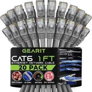 GearIT Cat 6 Ethernet Cable (20-Pack 1 Foot) Cat6 Network Patch, 10Gbps, RJ45, Snagless Cord, Gold-Plated Connectors, Internet for PC, TV, Tablet, Router, Printer, Servers, IT Data Center - Gray