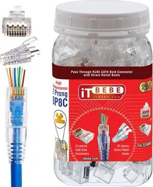 ITBEBE 50 Pcs - RJ45 Cat6 Cat6a Pass Through Connectors for 23 AWG Cables - 50 Cat6 Passthrough Connector Ends and 50 RJ45 Connectors Clear Strain Relief Boots for Clean, snag-Free Ethernet Patch Cord