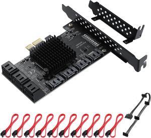 MZHOU PCI-E 1X Interface 3.0 10 Port SATA Card with 10 SATA Cables & SATA Power Splitter Cable and Low Profile Bracket - 6Gbps SATA 3.0 PCIe Card,Support 10 Port SATA 3.0 Devices.