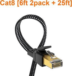 Cat 8 Ethernet Cable(6Ft-2Pack + 25ft), 26AWG Nylon Braided High Speed Heavy Duty Cat8 Network LAN Patch Cord, 40Gbps 2000Mhz SFTP RJ45 Flat Cable Shielded in Wall, Indoor&Outdoor for Modem/Router