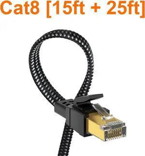 Orbram Cat 8 Ethernet Cable 15 ft & Cat 8 Ethernet Cable 25ft, Nylon Braided High Speed Heavy Duty Network LAN Patch Cord, 40Gbps 2000Mhz SFTP RJ45 Flat Internet Cable Shielded in Wall