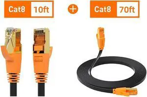 Cat8 Ethernet Cable (10ft + Flat 70ft), Outdoor&Indoor, Heavy Duty High Speed 26AWG Cat8 LAN Network Cable 40Gbps, 2000Mhz with Gold Plated RJ45 Connector, Weatherproof S/FTP UV Resistant for Router