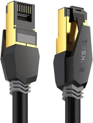 Tesmax Cat 8 Ethernet Cable 25 FT, 26AWG 40Gbps 2000Mhz Ultra Speed Cat8 LAN Network Cable SFTP Patch Cord with Gold Plated RJ45 Connector, Heavy Duty for Gaming/Router/Modem/PC/Switch