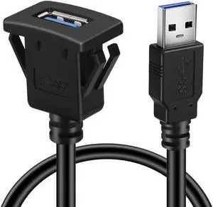 BATIGE 5 Pack Square Single Port USB 3.0 Car Mount Flush Cable USB 3.0 Panel Flush Mount Extension Cable Waterproof for Car Truck Boat Motorcycle Dashboard 3ft