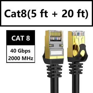 Cat8 (5ft + 20ft)Ethernet Cable Shielded, 26AWG Lastest Solid SFTP Patch Cord, Heavy Duty High Speed Cat8 LAN Network RJ45 Cable- in Wall, Outdoor, Weatherproof Rated for Router, Modem, Gaming