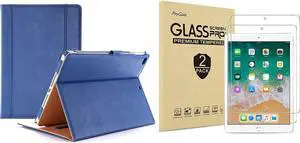 ProCase iPad 9.7 2018 & 2017 / iPad Air 2 / iPad Air Navy Stand Folio Case Bundle with 2 Pack iPad 9.7 2018 & 2017 / iPad Pro 9.7 / iPad Air 2 / iPad Air Tempered Glass Screen Protectors
