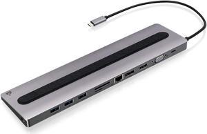 IOGEAR USB-C 8 Port Low Profile Docking Station - 4K@30Hz - 1 HDMI - 1 DisplayPort - 1 VGA - 1 Ethernet - 3 USB 3.0 A Ports - 1 USB-C 100W Charging Only - Card Reader Slot - 1 3.5mm - GUD3C02B