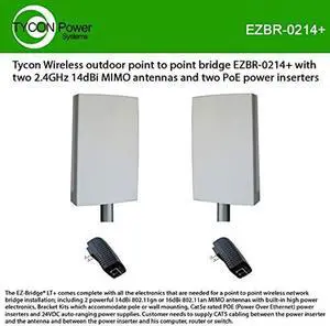 Tycon Wireless Outdoor Point to Point Bridge EZBR-0214+ with Two 2.4GHz 14dBi MIMO Antennas and Two PoE Power inserters