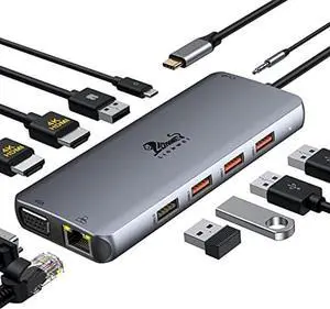 USB C Docking Station Dual Monitor, 11-in-1 USB-C Laptop Docking Station to Dual 4K HDMI,VGA,Gigabit Ethernet,3 * 10G USB 3.1,2*USB 2.0,87W PD,3.5mm Audio/Mic for Dell/Surface/HP/Lenovo Laptops