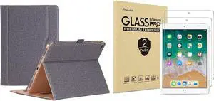 ProCase iPad 9.7 2018 & 2017 / iPad Air 2 / iPad Air Grey Stand Folio Case Bundle with 2 Pack iPad 9.7 2018 & 2017 / iPad Pro 9.7 / iPad Air 2 / iPad Air Tempered Glass Screen Protectors