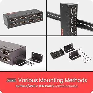 Industrial 8-Port USB to Serial Adapter DB9 RS-232 with FTDI Chipset, RX/TX LED Indicators, DIN Rail Mount Bracket, & Surface Mounting Brackets Windows 11, 10, 8, 7 OS Support USB-A Cable Included