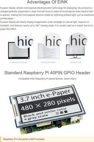 Waveshare 3.7inch E-Paper E-Ink Display HAT Compatible with Raspberry Pi4B/3B+/3B/2B/B+/A+/Zero/Zero W/WH/Zero 2W 480x280 Pixels Black/White 4 Grey Scales SPI Interface Supports Partial Refresh