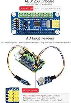 High-Precision AD HAT for Raspberry Pi 4B/3B+/3B/2B/Zero/W/Zero WH Jetson Nano Expansion Board with ADS1263 10-Channel 32-bit High Precision ADC 24-bit Auxiliary ADC