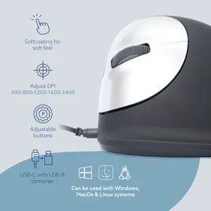 R-Go HE Ergonomic Mouse for Left Hand, with Anti-RSI Software, Large Hand Size, Prevention Mouse Arm, Vertical Mouse for Windows/Mac/Linux, 5 Buttons, Black
