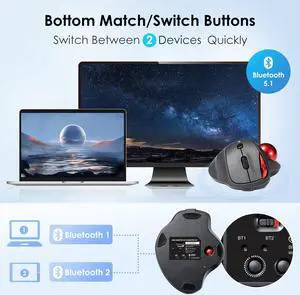 SANWA Bluetooth Trackball Mouse, Wireless Ergonomic Rollerball Mice Optical, Programmable Silent Buttons, Support 2 Device, Thumb Control, Rechargeable, 4 DPI, Compatible with PC, Mac, Laptop, Windows