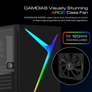GAMDIAS ATX Mid Tower Gaming Computer PC Case with Tempered Glass Swing Door, 1x 120mm ARGB Fan & Front Panel Sync with Motherboards, Vertical PCIE Slots for Your Graphic Cards (VGA/GPU)