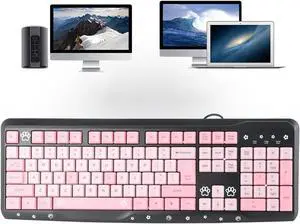 Wired Keyboard, USB Ultra-Thin Cute Keyboard, Adjustable Back Bracket, no delay, Anti-wear, wear-Resistant and Anti-wear, Suitable for Home, Business Office, Games(Black and Pink)
