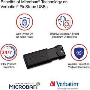 Verbatim 32GB Pinstripe USB 3.2 Gen 1 Flash Drive Retractable Thumb Drive with Microban Antimicrobial Product Protection- 10 Pack Black