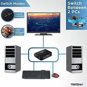 TRENDnet 2-Port 4K DisplayPort 1.2 KVM Switch with Audio, 4K UHD (3840 x 2160@60Hz), 3.5mm Speaker/Microphone, USB 2.0, Integrated Cables, Black, TK-220DPI