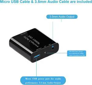 Video Capture Card, VGA to USB Capture Adapter with Microphone Input, HD 1080p Video Adapter, for Live Broadcast, Laptops, Monitors, Video Conferencing and Games